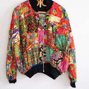 Vintage Kenar Vibrant Batik Patchwork Soft Zip Up Bomber Jacket